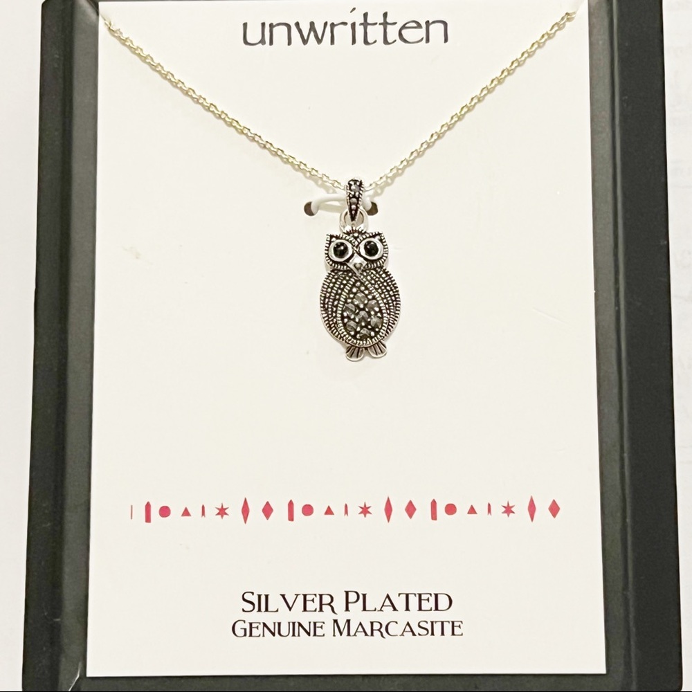 Silverplate Geniune Marcasite Owl Necklace by Unwritten animal bird nwot